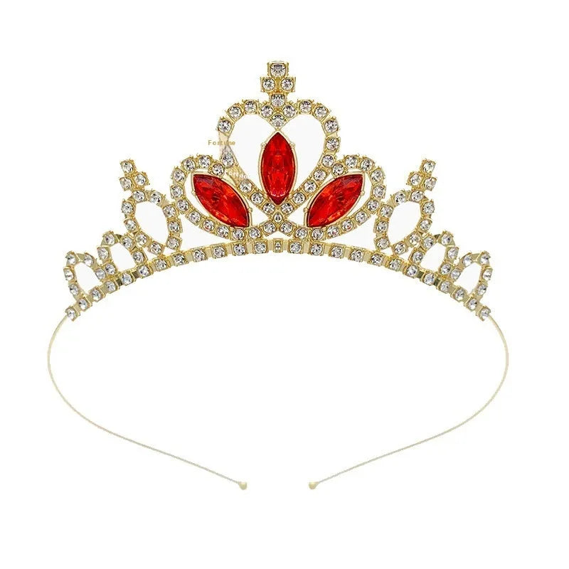 Girl's electroplated alloy princess crown headdress in gold and silver colour variations with gemstone-effect finishes.
