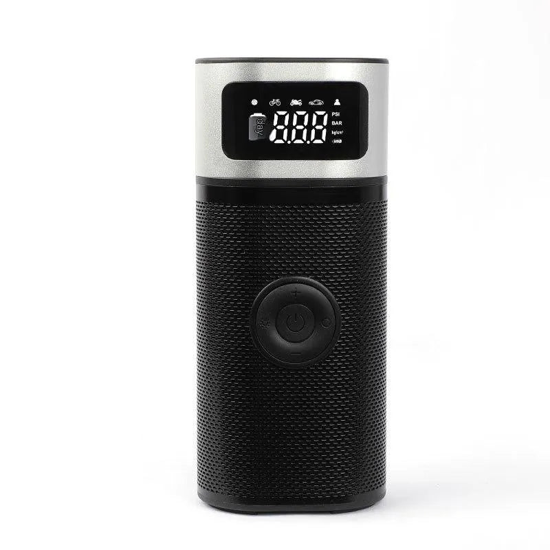 Black portable wireless smart air pump with USB cable, 15cm tube, and nozzle accessories on a grey background.