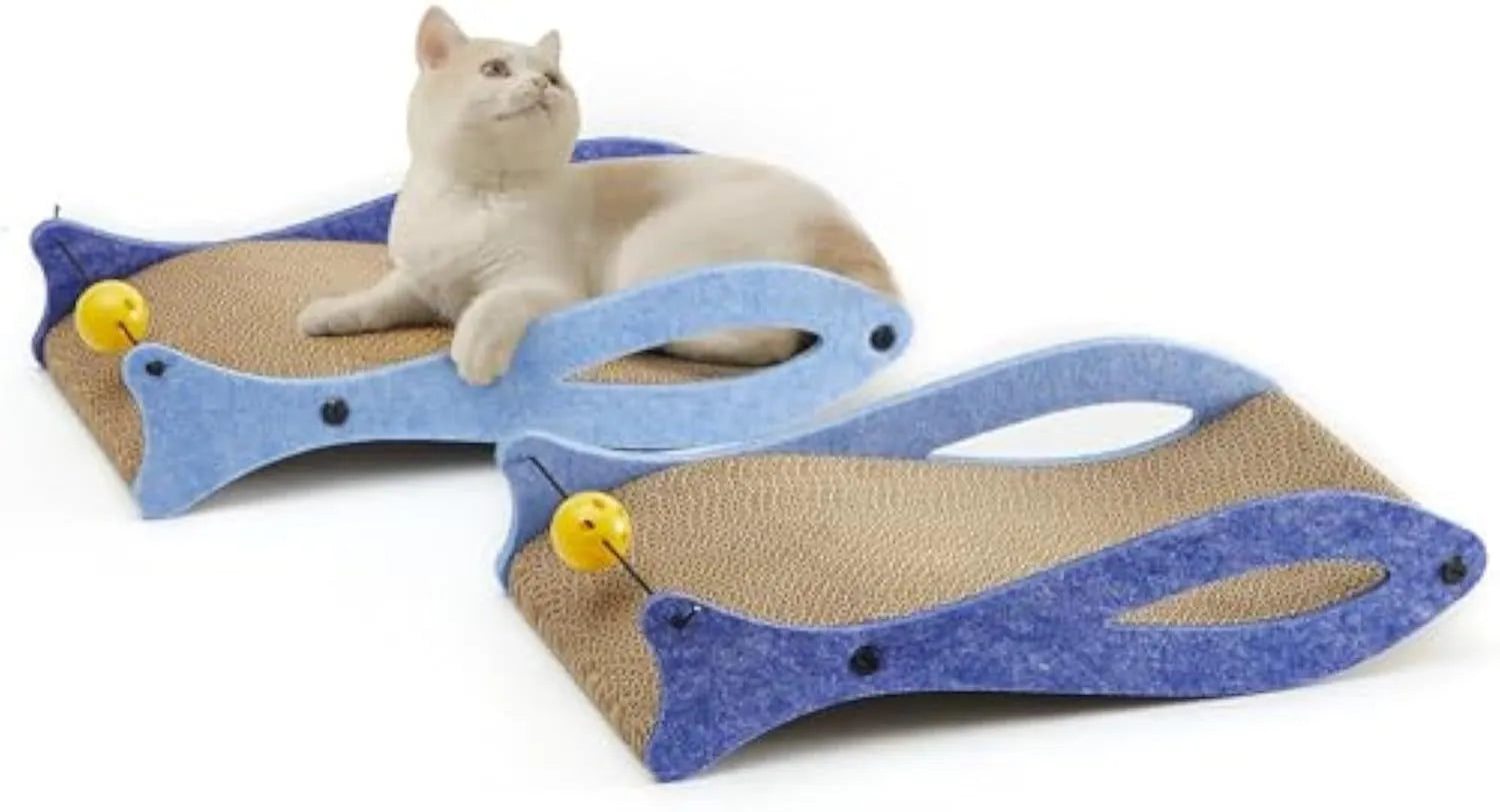 Blue fish-shaped cardboard cat scratcher lounge with bell ball toy for indoor cats