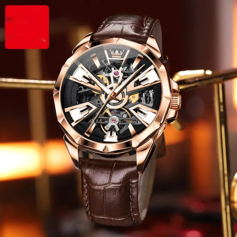 Automatic mechanical watch for men with skeleton dial, stainless steel case, and brown leather strap.