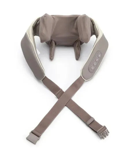 Creamy white rechargeable shoulder and neck massager with kneading function and infrared physiotherapy.