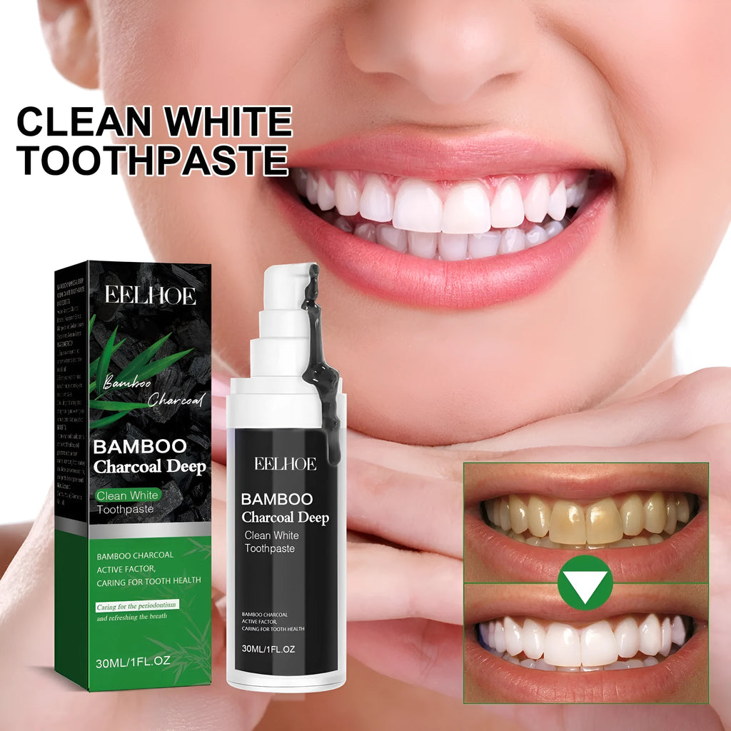 Bamboo charcoal bright white toothpaste tube showing 30ml capacity and stain removal function