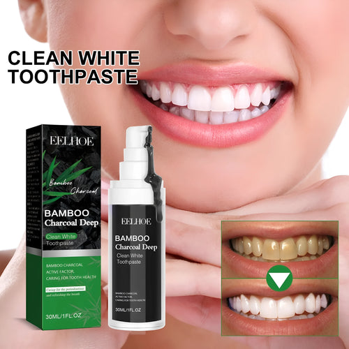 Bamboo charcoal bright white toothpaste tube showing 30ml capacity and stain removal function