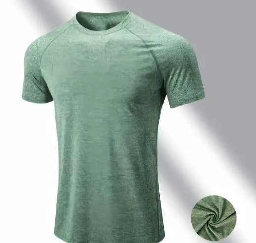 Men's black quick-dry polyester casual short sleeve t-shirt on a hanger.