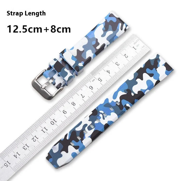 Green camouflage silicone watch strap showing adjustable buckle and 20mm width.