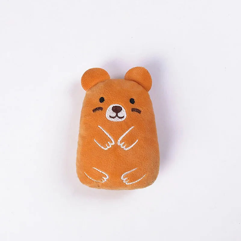 Small plush cat toy with catnip filling for chewing and teeth grinding, shown in assorted colours.