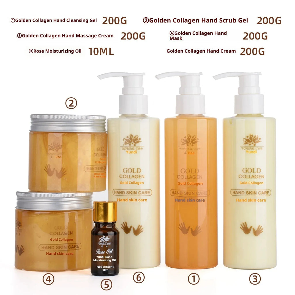 Gold Collagen Hand Care Set Standard Specification with six products and rose essential oil