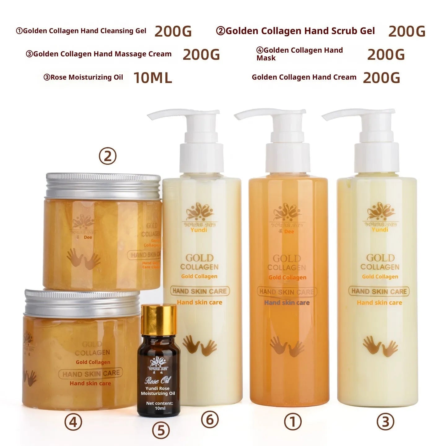 Gold Collagen Hand Care Set Standard Specification with six products and rose essential oil