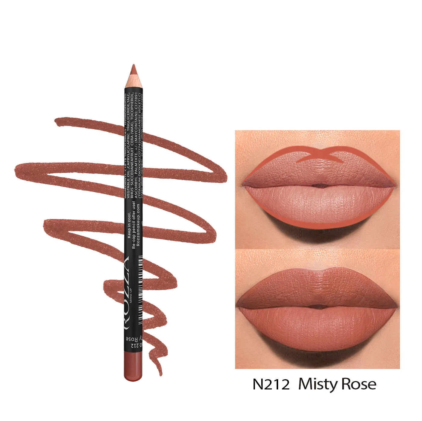 Matte lip liner pencil in a wooden tone shade from a set of 14 colours, shown on a hand.