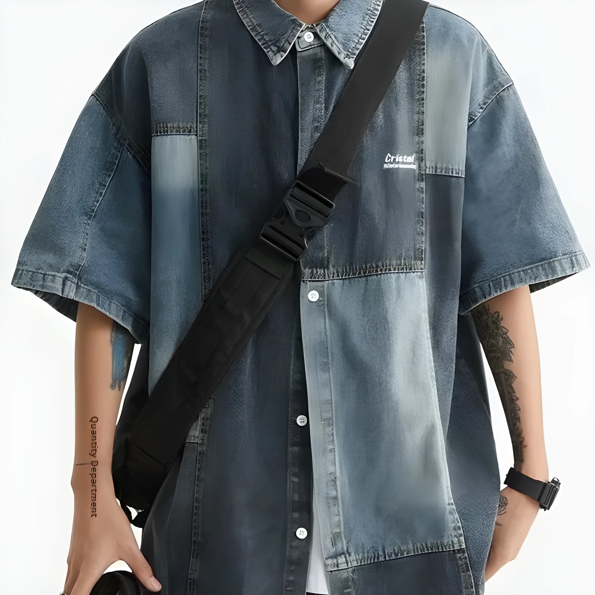 Blue men's denim shirt with Japanese retro washed stitching and cardigan-style design