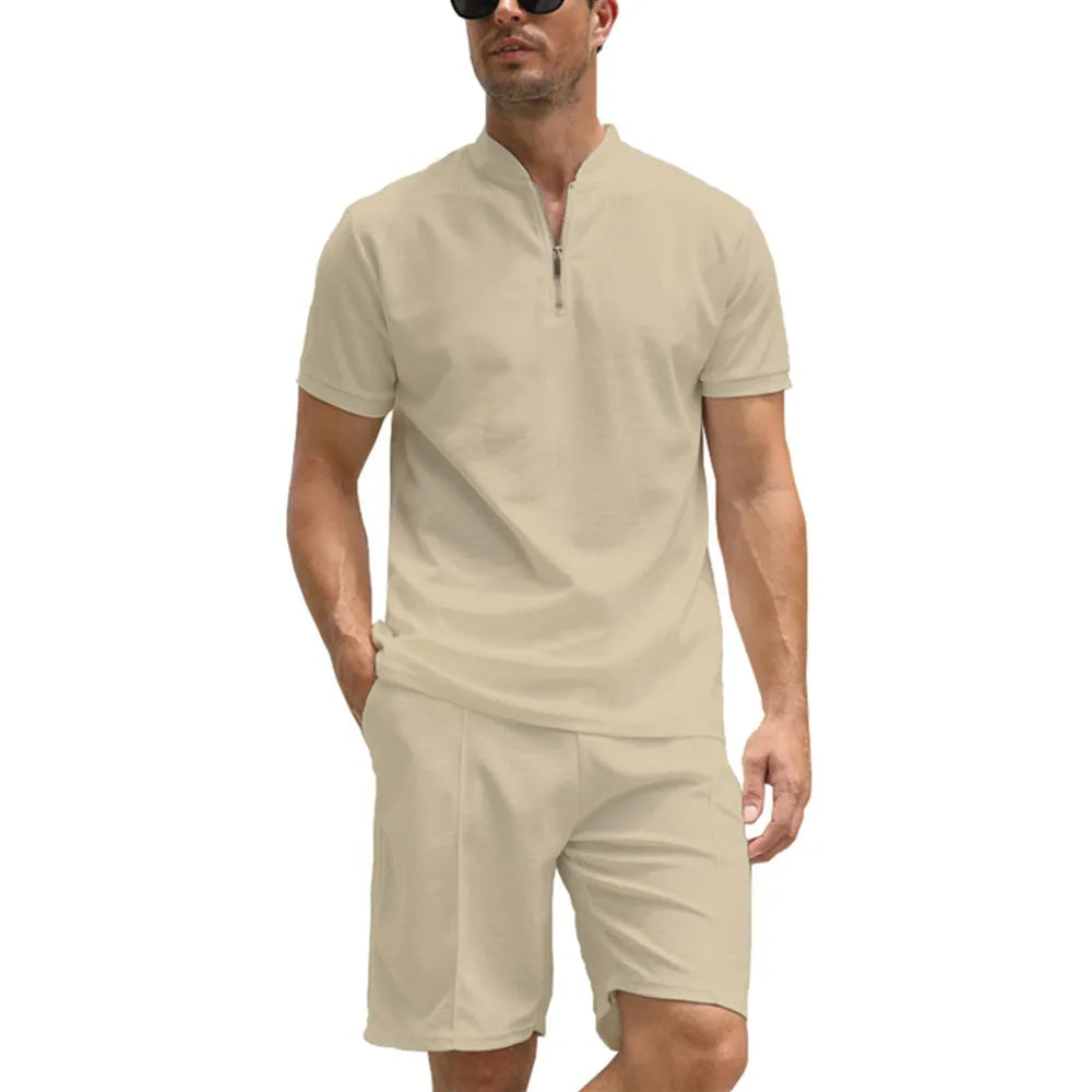 Men's solid colour two-piece polo set with short sleeves and matching trousers