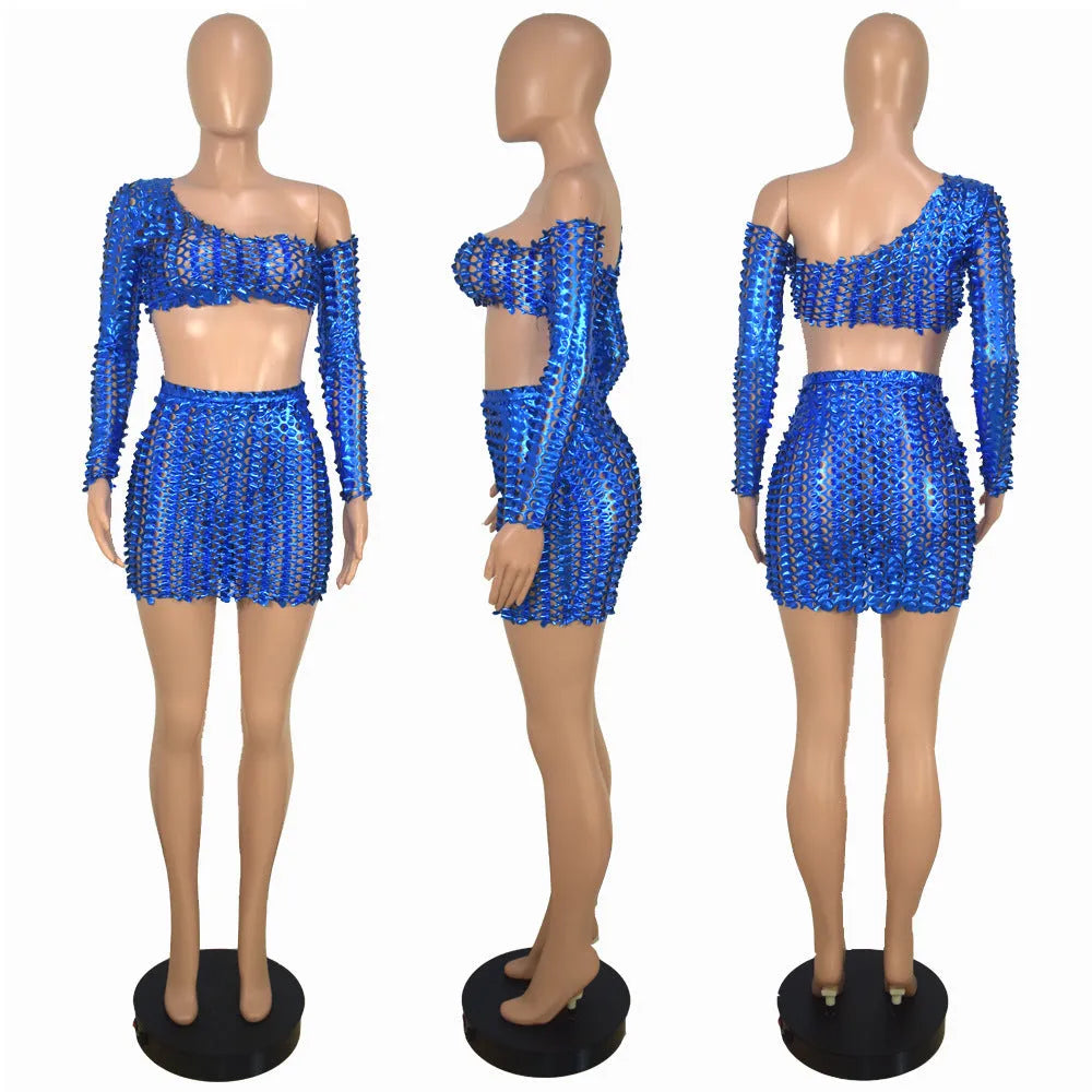 Women's black two-piece dress set with net hole hollow-out design on sleeveless top and short skirt