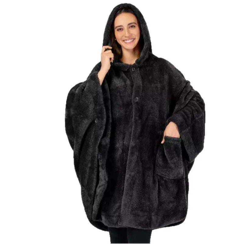 A thick black hooded bathrobe with long sleeves and a cardigan opening, laid flat.