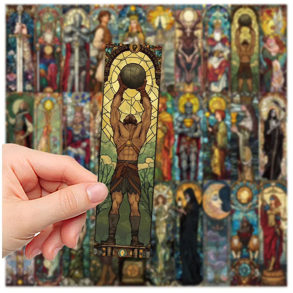 Set of 30 paper bookmarks with painted glass tarot card designs in a cute style.
