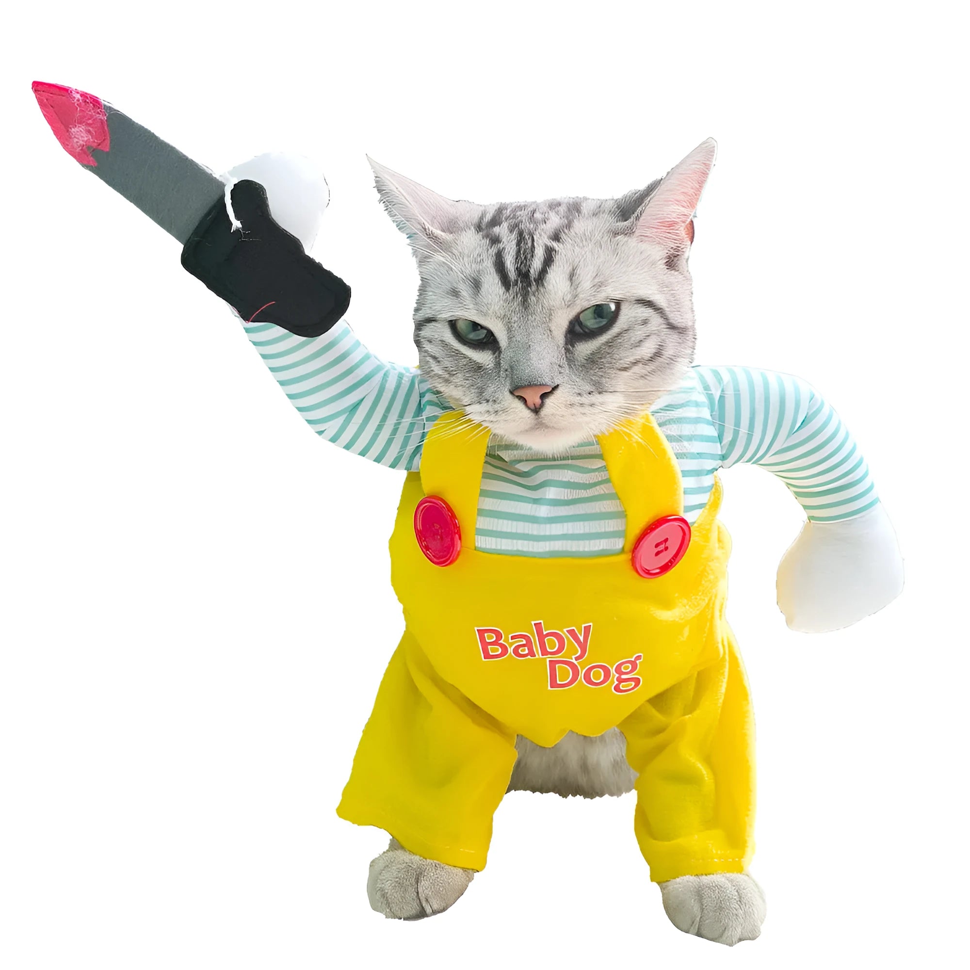 Yellow knife assassin themed cat costume made from polyester fabric in sizes S M L XL