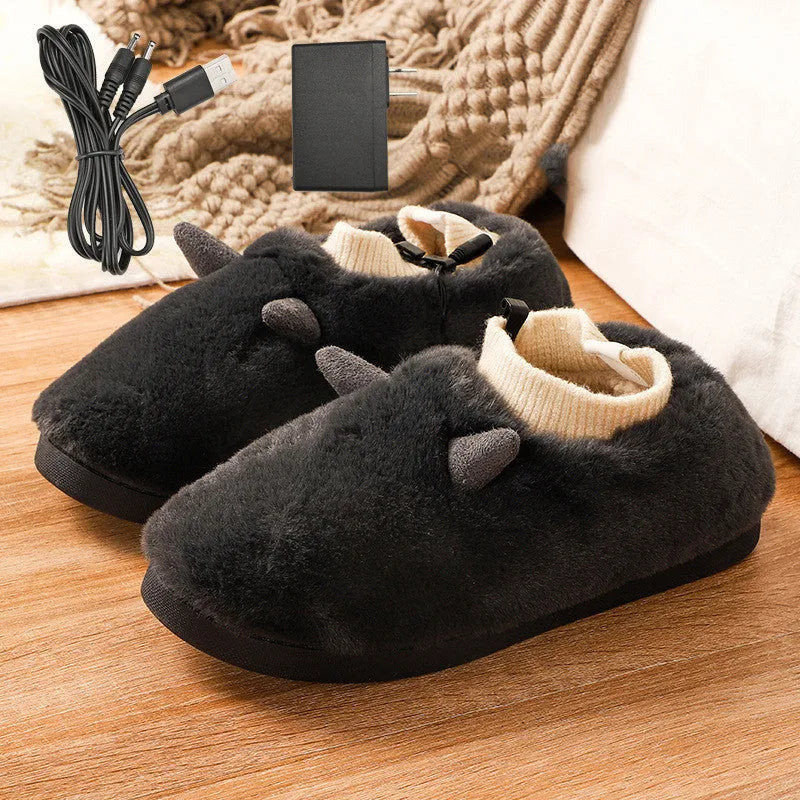 USB electric foot warmer slippers in black, grey, matcha green, and taro colours with soft velvet upper.