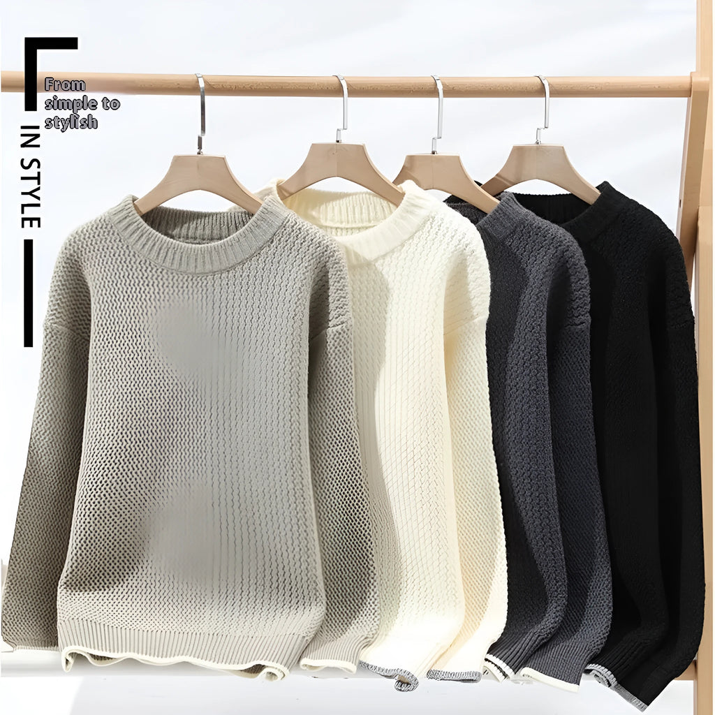 Men's grey loose fit polyester blend round neck sweater with long sleeves