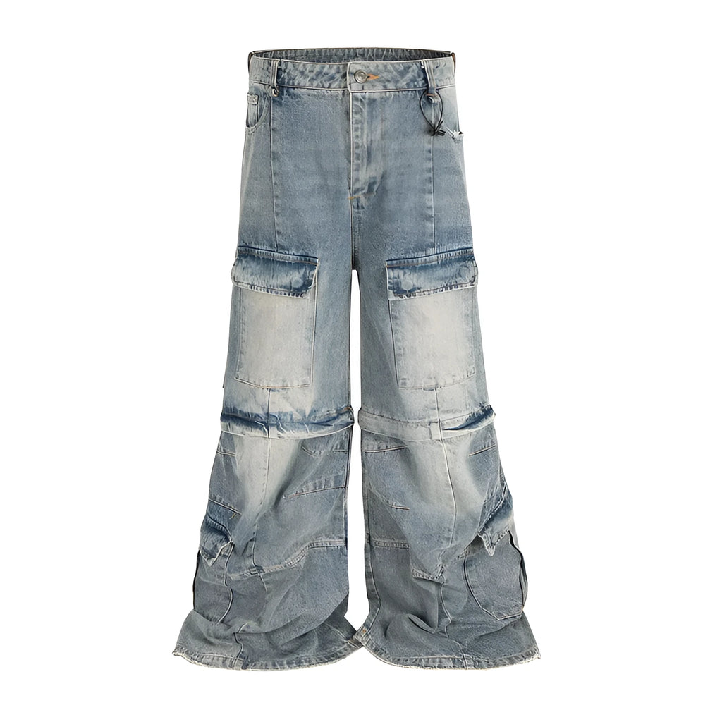 Washed-out cotton micro-pull overalls with detachable multi-pockets in black and blue colour options