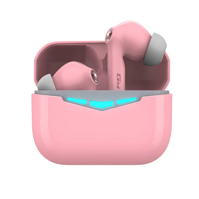 True wireless gaming Bluetooth headset with charging case and multiple earmuff sizes