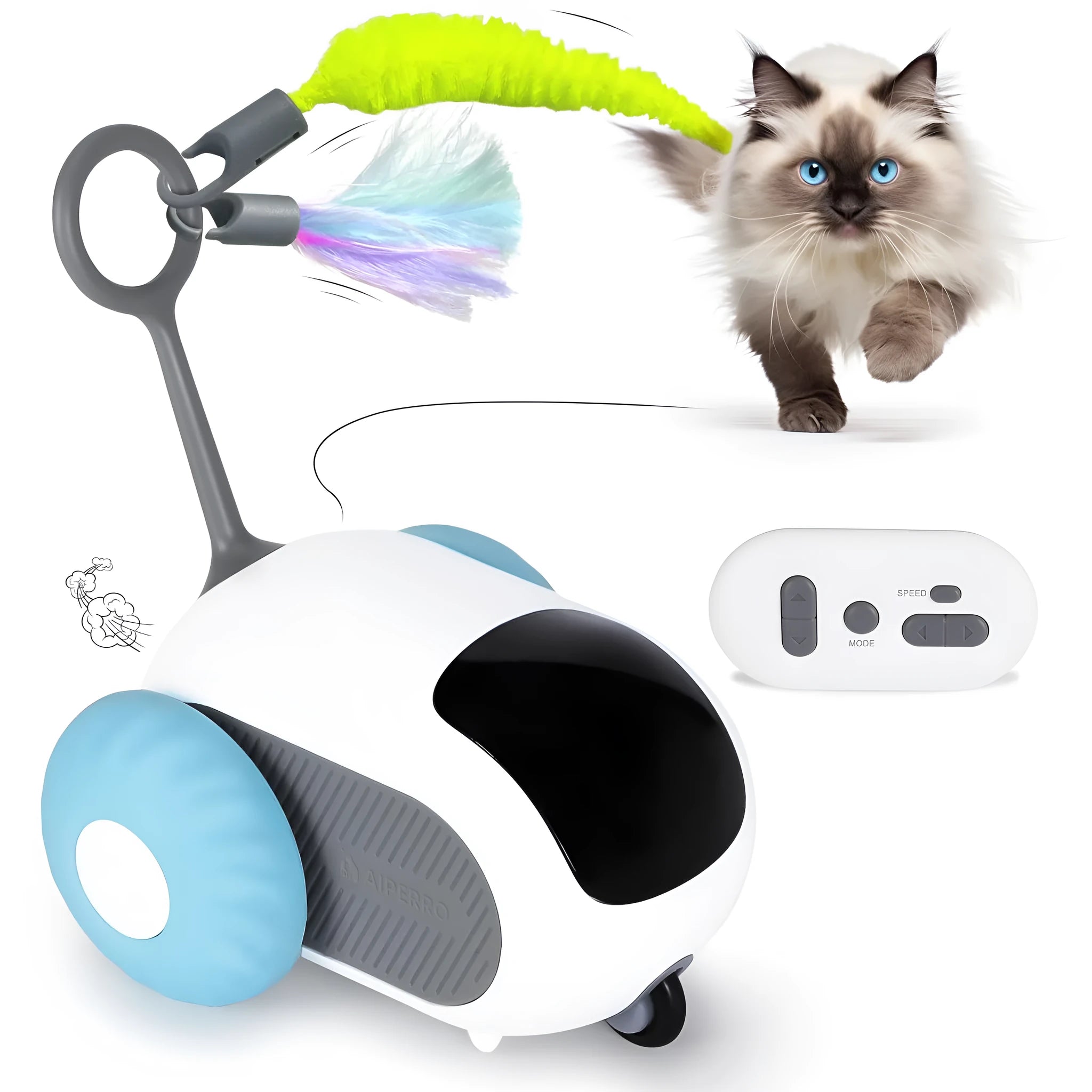 Smart interactive cat toy car with feather attachment in blue or orange colour options