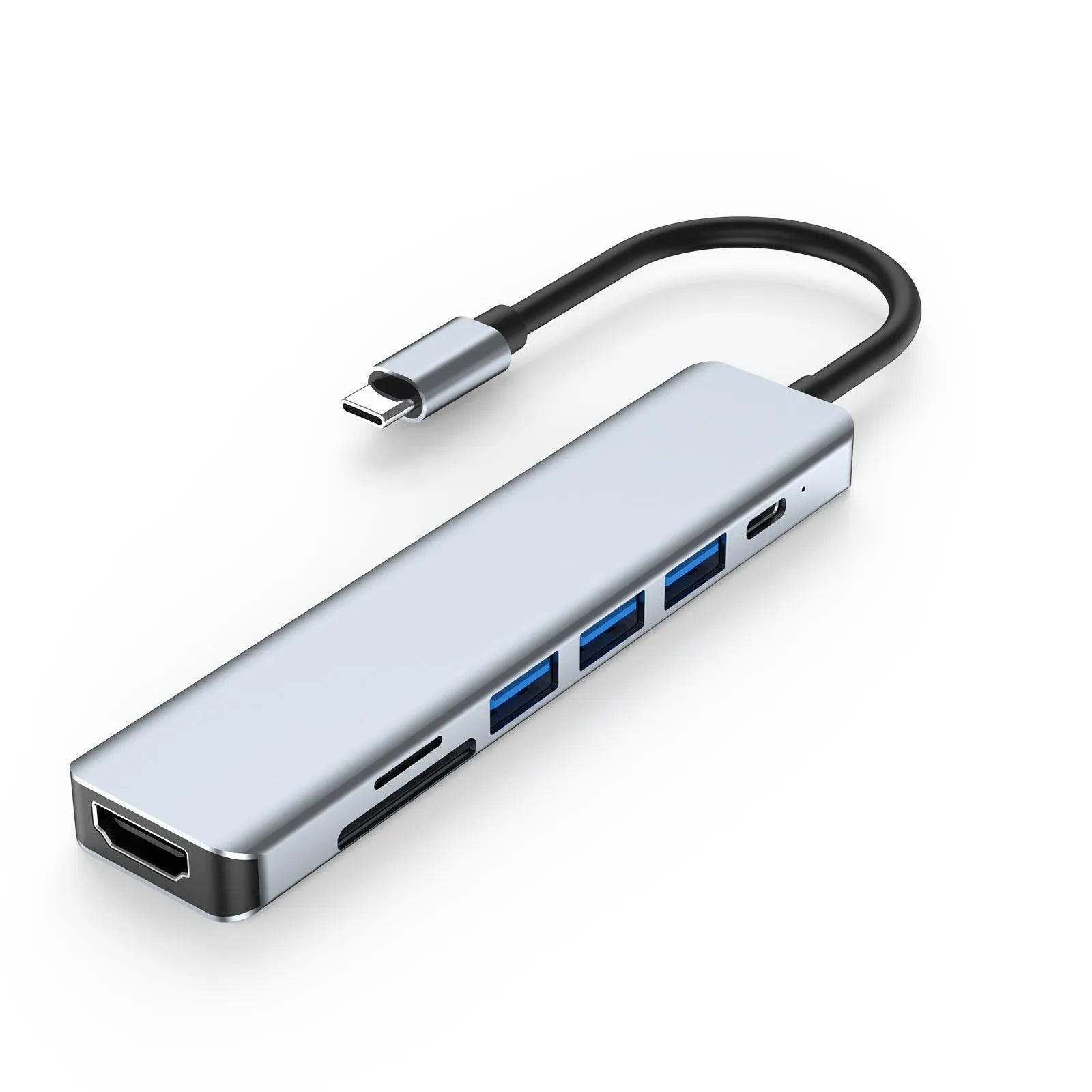 Seven-in-one Type-C USB expander hub with 14.5cm cable showing multiple interface ports
