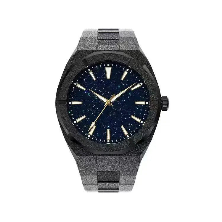 Stainless steel men's business watch with frosted case and luminous markers in black, gold, and silver colours
