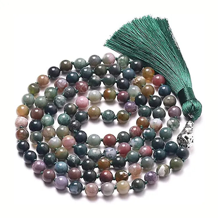 Long geometric agate necklace with tassel pendant in natural stone colours on a 95-100cm chain.