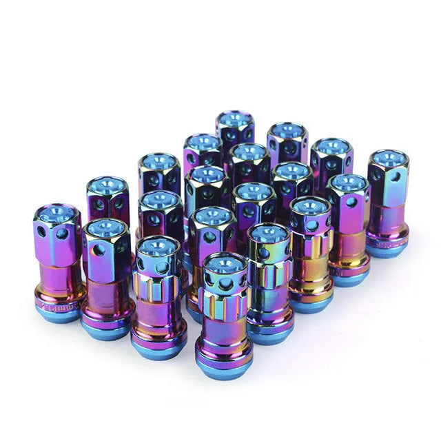 Set of aluminium alloy flat head wheel nuts in various colour combinations including black gold and blue.
