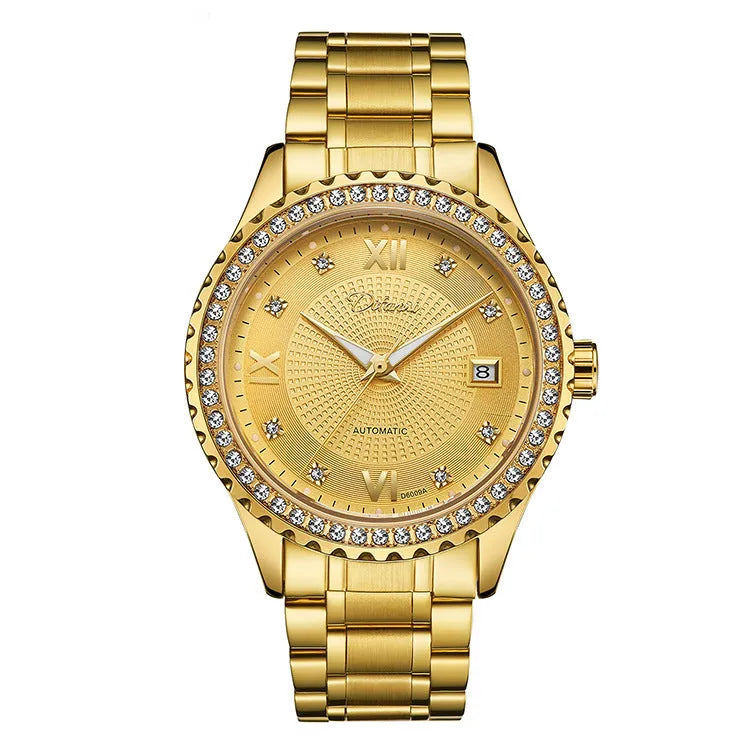 Fashionmonger automatic mechanical watch with luminous hands on wrist showing gold case and black dial