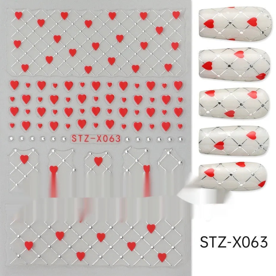 Close-up of a cartoon-style nail sticker with black and silver strips and a love pattern design on a fingernail.