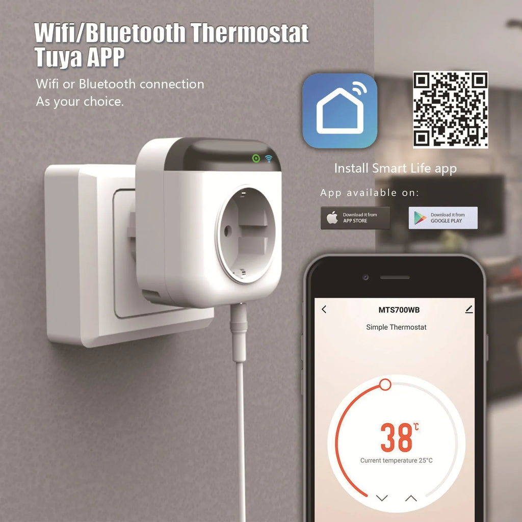 White Tuya smart temperature control socket with US three-hole outlet and temperature sensor probe