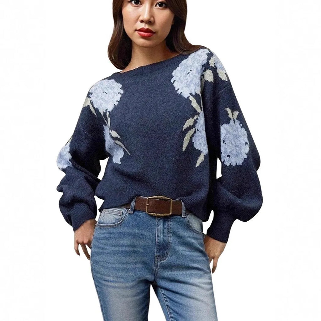Sapphire blue women's pullover with floral jacquard pattern and loose casual fit