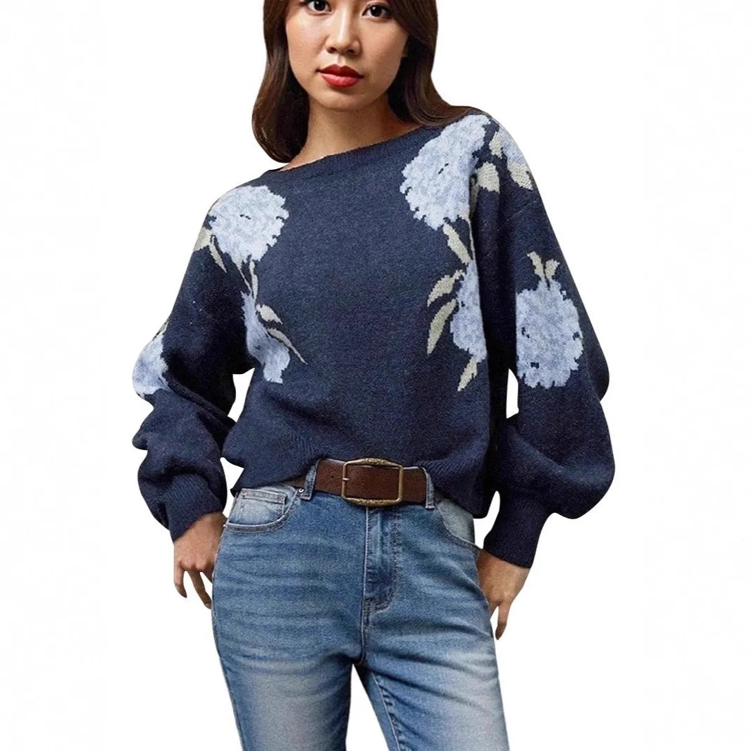 Sapphire blue women's pullover with floral jacquard pattern and loose casual fit