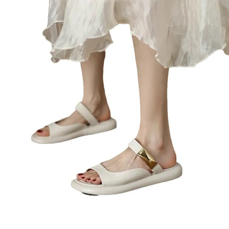 Apricot and white peep toe flat sandals with French leather upper and rubber platform sole