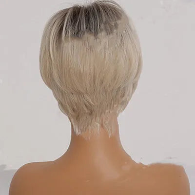 Short straight ombre blonde synthetic hair wig with bangs, 8 inch length, brown gradient gold colour, on mannequin head