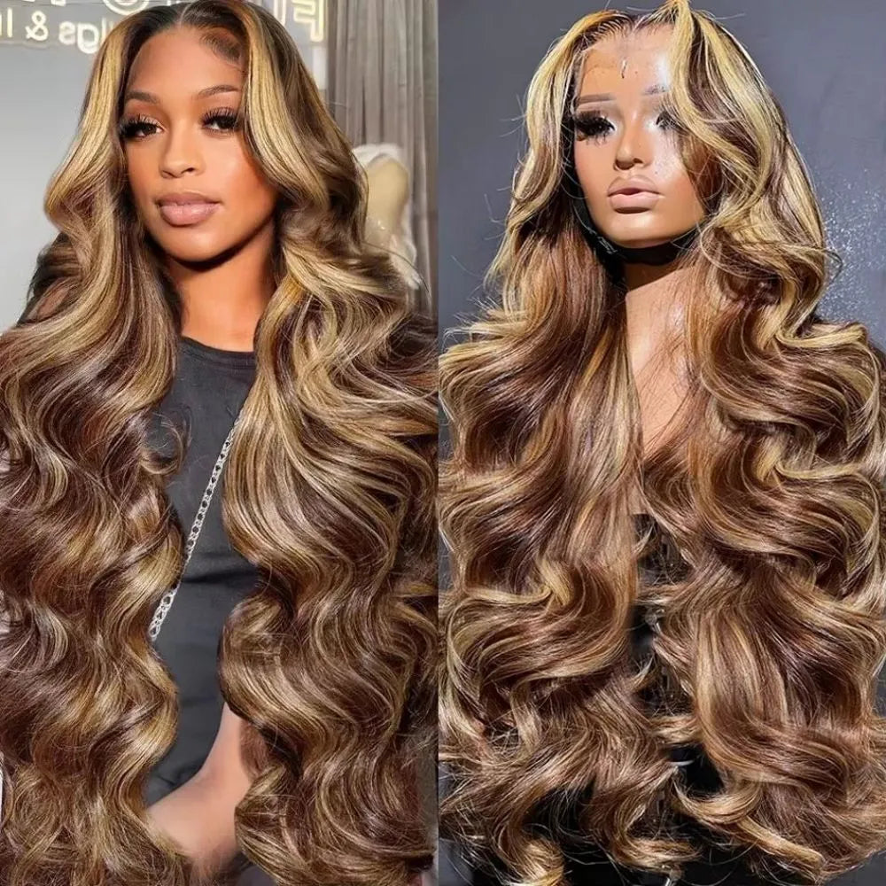 Women's brown big wave lace wig with piano highlights, long curly synthetic hair, available in sizes 12 to 30 inches