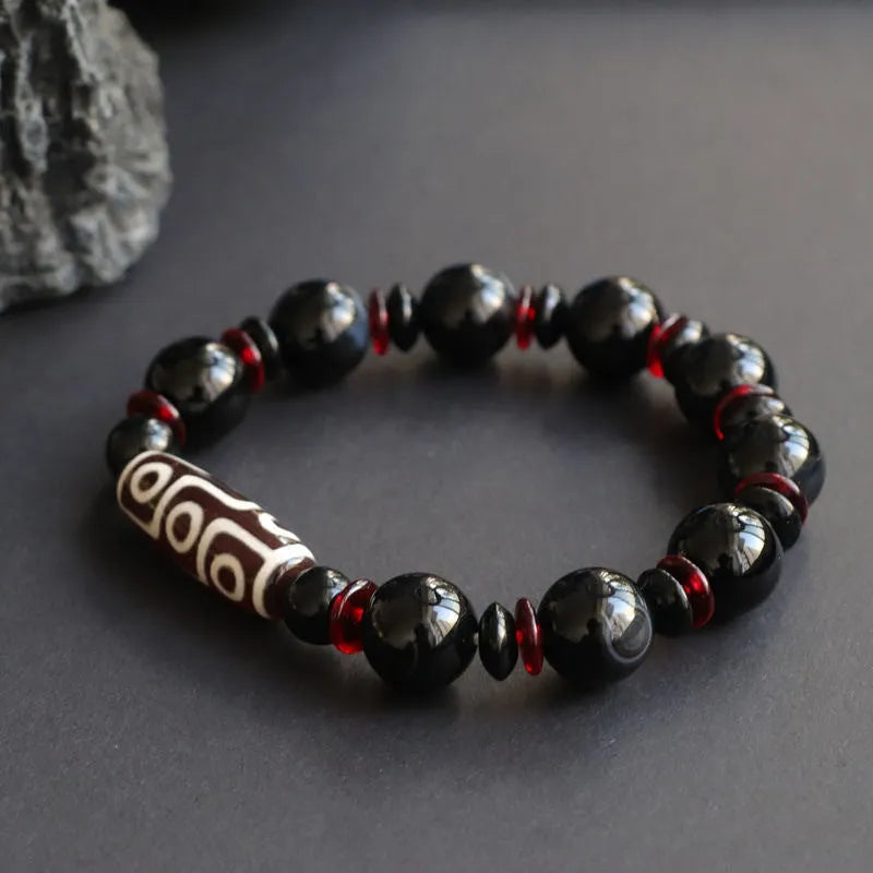 Black agate Dzi bead bracelet with hand-woven treatment and geometric national style design