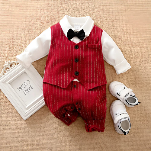 Wine red long sleeve cotton baby boy romper one-piece suit for autumn and spring.