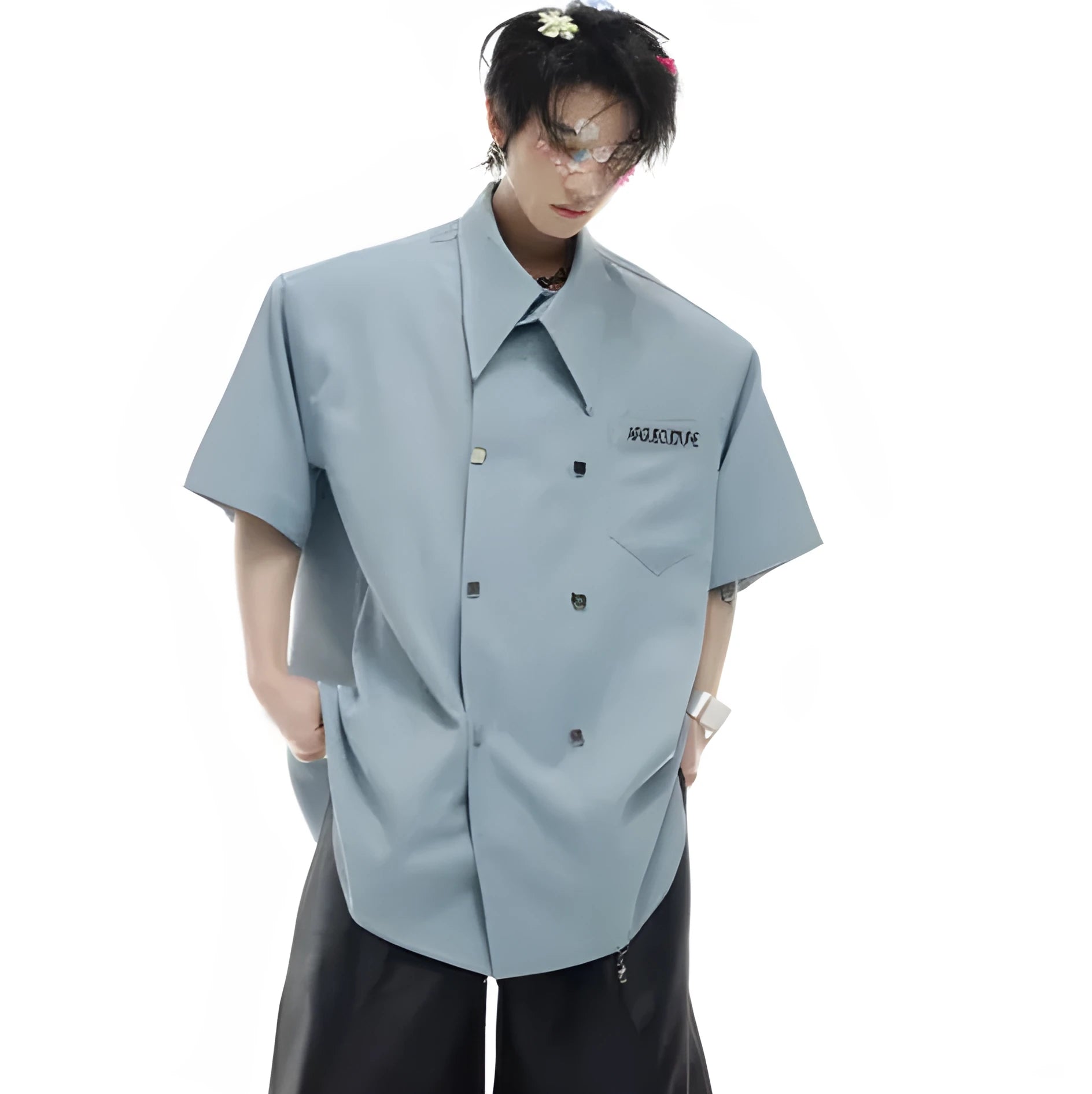Men's loose casual summer short-sleeved shirt with splicing details and lapel collar in three colour options