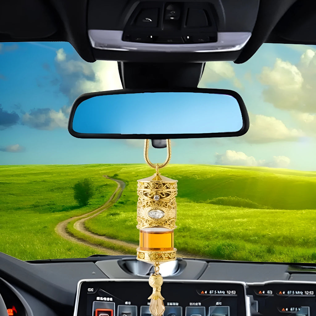 Alloy car suspension hanging pendant cylindrical shape with aroma function, Golden Magic or Silver Magic finish