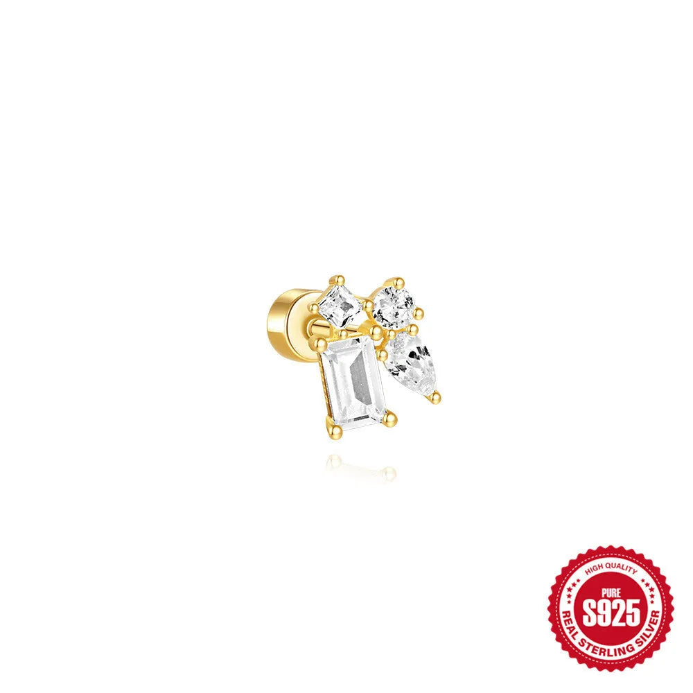 S925 sterling silver flat column thread geometric ear bone stud in a gold tone finish.