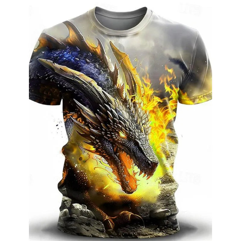 Man wearing a grey T-shirt with a large blue and white 3D Wind Dragon print across the chest.