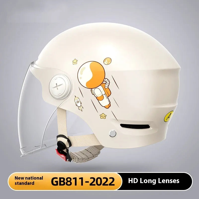 Khaki coloured ABS half helmet for electric motorcycles shown with different lens options.
