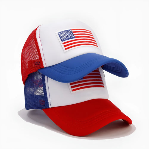 Red and blue mesh baseball cap with adjustable sizing strap