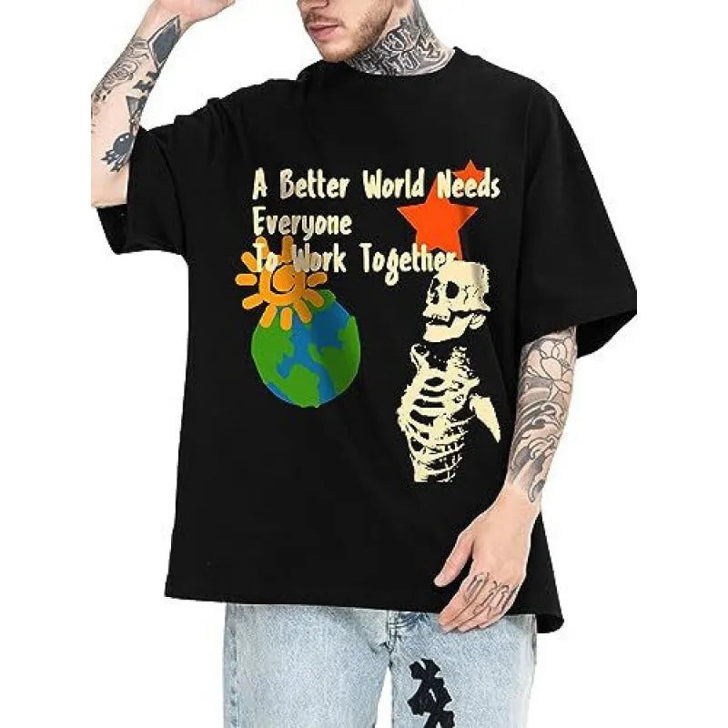Men's short-sleeved printed sports t-shirt in a casual streetwear style, showing digital print detail.