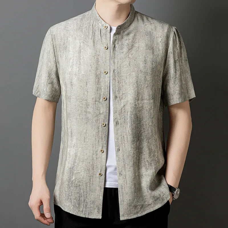 Men's loose fit linen blend stand collar shirt in cardigan style, solid colour options Black Grey or White Grey
