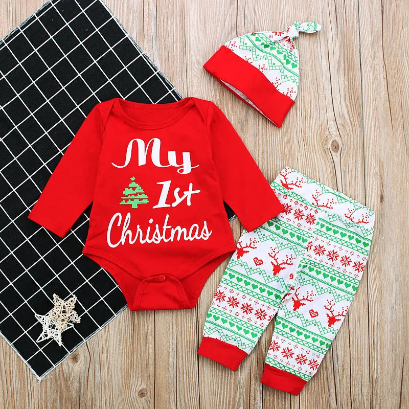 Red cotton long sleeve letter jumpsuit three-piece baby crawling suit set with hat and pants on white background