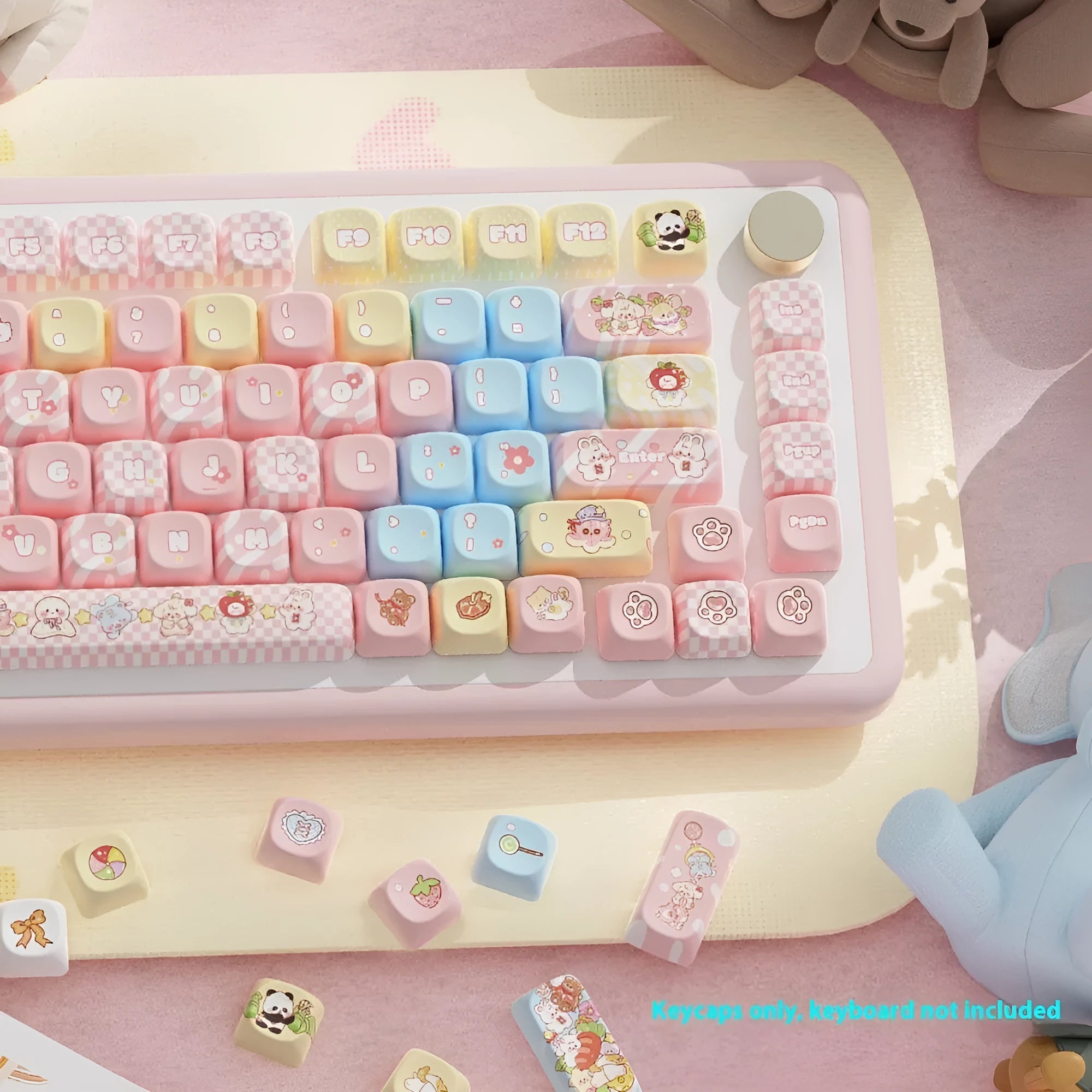 Doll theme sublimation printed PBT key cap set for mechanical keyboards in box.