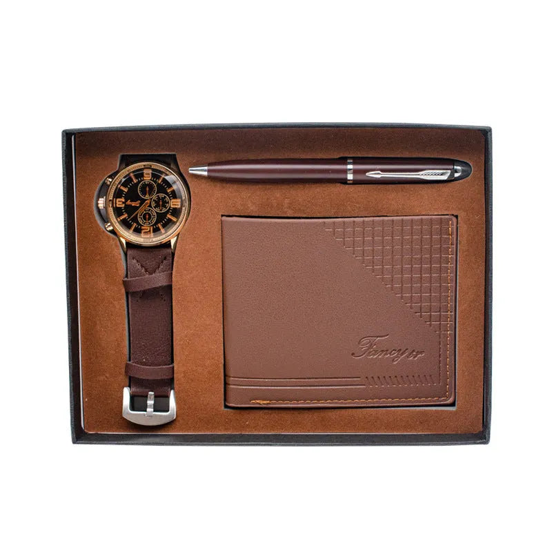 Creative Holiday Gift Set featuring a brown wallet, pen, and watch inside an elegant paper gift box.