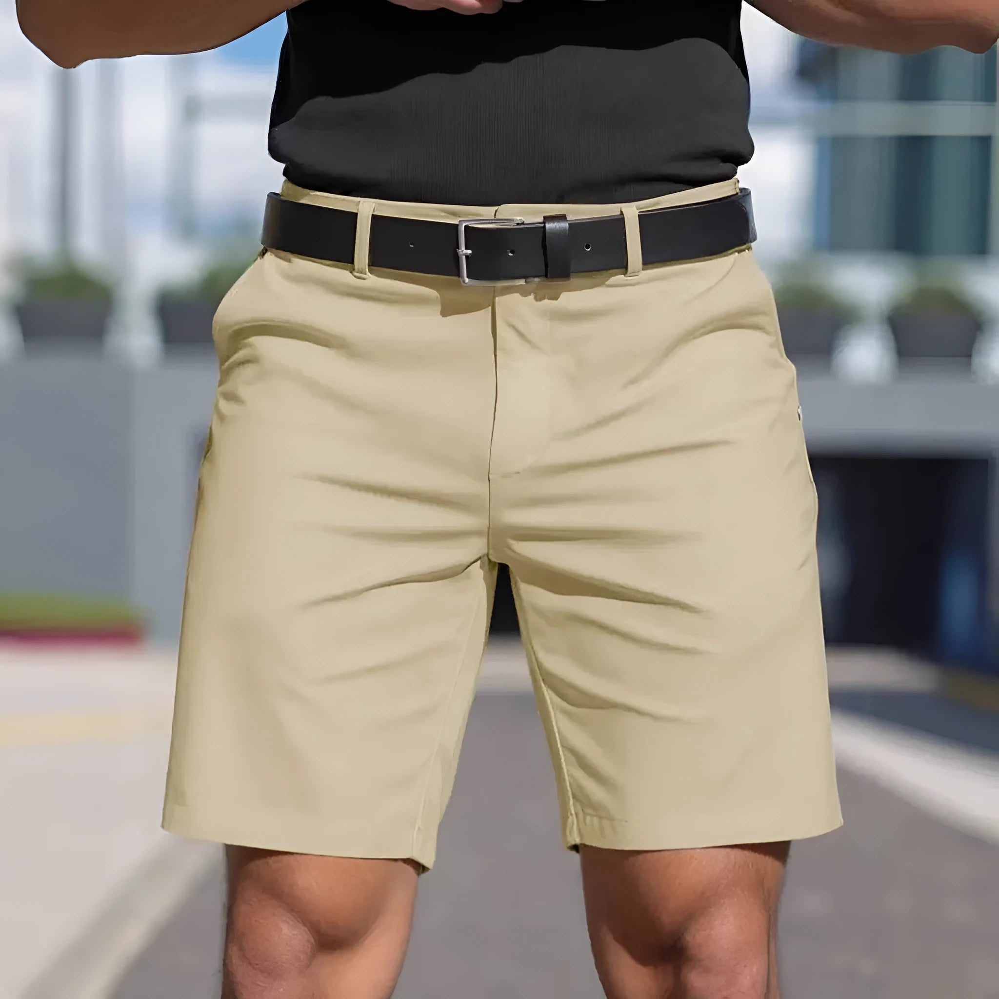 Men's solid colour straight-cut elastic fifth pants in light grey on a hanger.